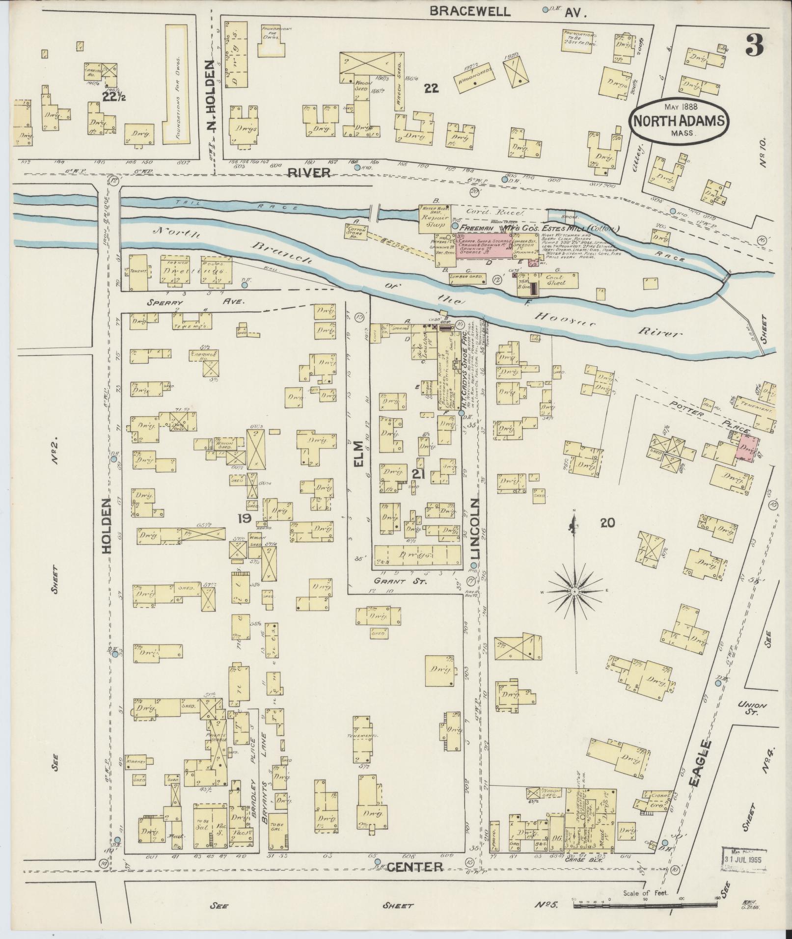 Sanborn Fire Insurance Map from North Adams, Berkshire County, Massachusetts (1888), Sheet #0003 - Historic Sanborn Fire Insurance Map Print, vintage old map wall art, antique decor, genealogy gift, Massachusetts Massachusetts map