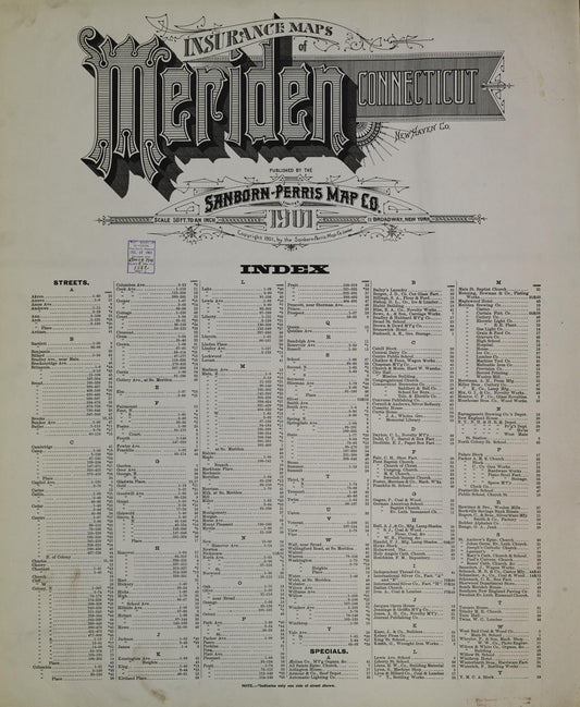 Sanborn Fire Insurance Map from Meriden, New Haven County, Connecticut (1901), Sheet #0001 - Historic Sanborn Fire Insurance Map Print, vintage old map wall art, antique decor, genealogy gift, Connecticut Connecticut map