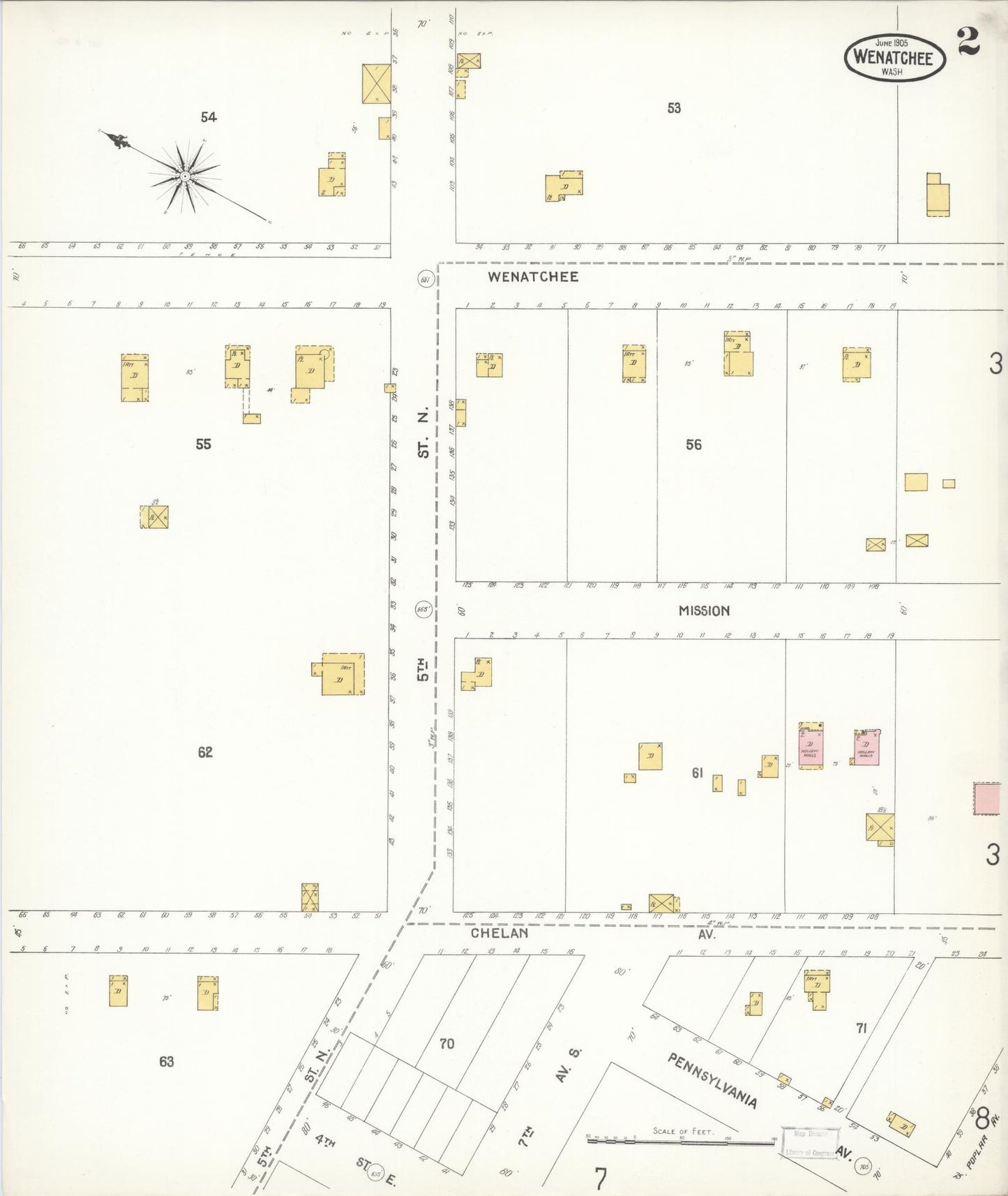 Sanborn Fire Insurance Map from Wenatchee, Chelan County, Washington (1905), Sheet #0002 - Complete Map Set gallery image, historic Sanborn map, vintage wall art, Washington Washington