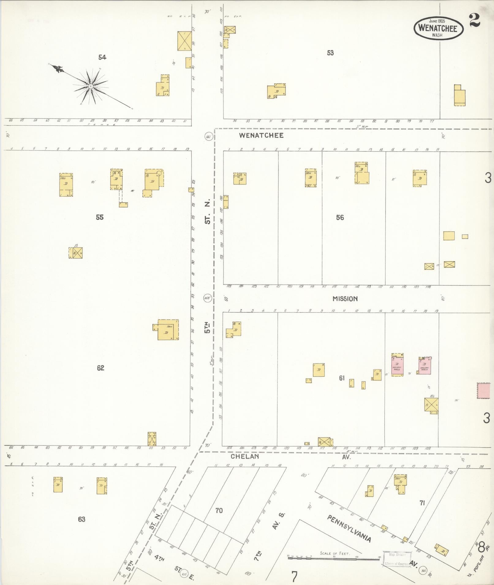 Sanborn Fire Insurance Map from Wenatchee, Chelan County, Washington (1905), Sheet #0002 - Complete Map Set gallery image, historic Sanborn map, vintage wall art, Washington Washington