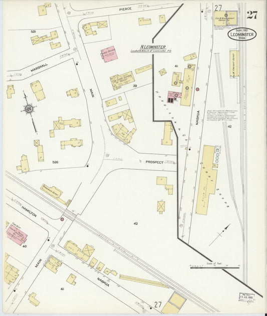 Sanborn Fire Insurance Map from Leominster, Worcester County, Massachusetts (1912), Sheet #0027 - Historic Sanborn Fire Insurance Map Print, vintage old map wall art, antique decor, genealogy gift, Massachusetts Massachusetts map