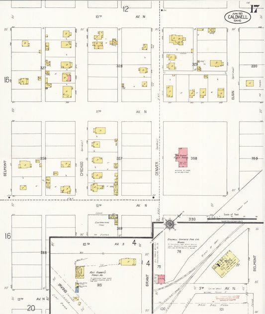 Sanborn Fire Insurance Map from Caldwell, Canyon County, Idaho (1921), Sheet #0017 - Historic Sanborn Fire Insurance Map Print, vintage old map wall art, antique decor, genealogy gift, Idaho Idaho map