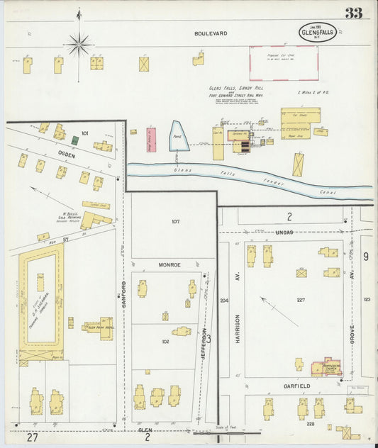 Sanborn Fire Insurance Map from Glens Falls, Warren County, New York (1901), Sheet #0033 - Historic Sanborn Fire Insurance Map Print, vintage old map wall art, antique decor, genealogy gift, New York New York map