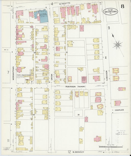 Sanborn Fire Insurance Map from Uniontown, Fayette County, Pennsylvania (1907), Sheet #0008 - Historic Sanborn Fire Insurance Map Print, vintage old map wall art, antique decor, genealogy gift, Pennsylvania Pennsylvania map