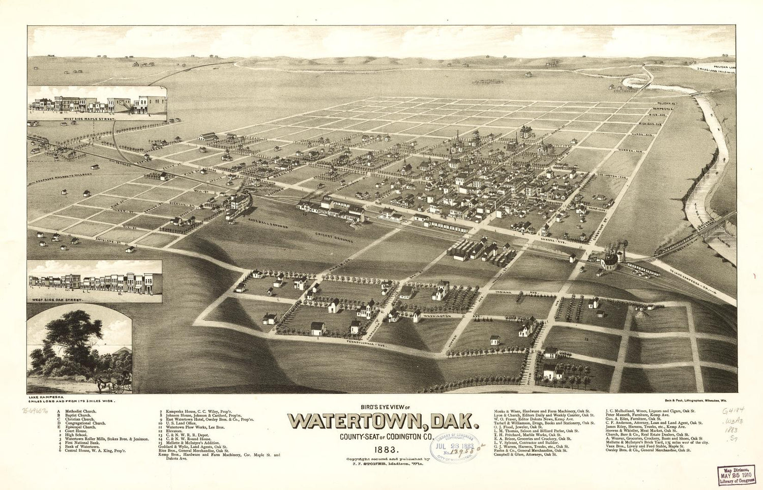 Bird's eye view of Watertown, Dak. county-seat of Codington Co. 1883. (1883) – Historic Bird’s-Eye View Panorama Print