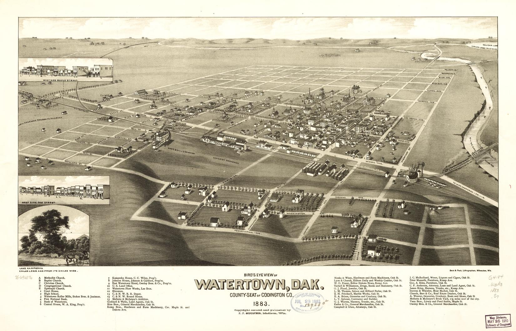 Bird's eye view of Watertown, Dak. county-seat of Codington Co. 1883. (1883) – Historic Bird’s-Eye View Panorama Print