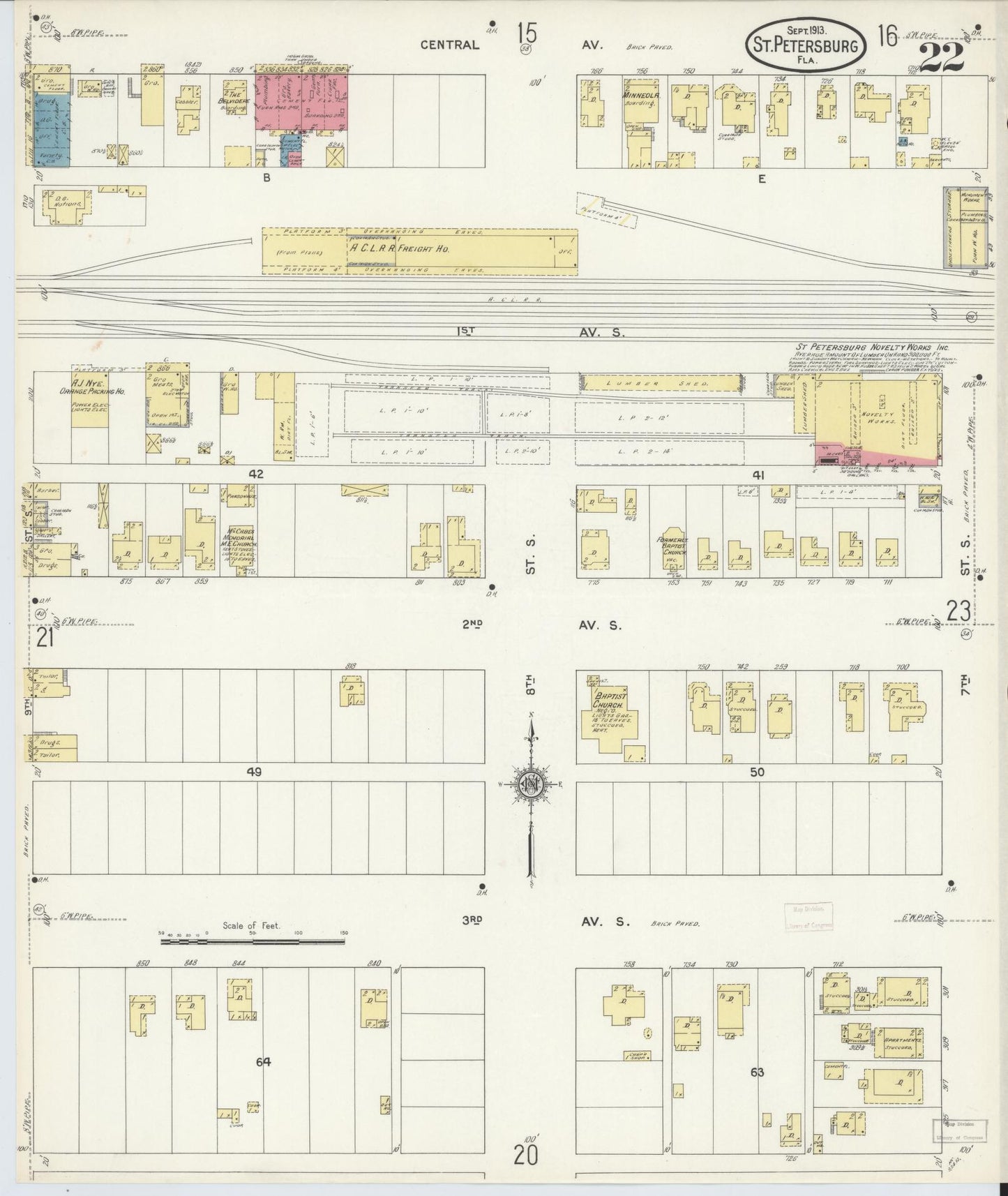 Sanborn Fire Insurance Map from Saint Petersburg, Pinellas County, Florida (1913), Sheet #0022 - Complete Map Set gallery image, historic Sanborn map, vintage wall art, Florida Florida