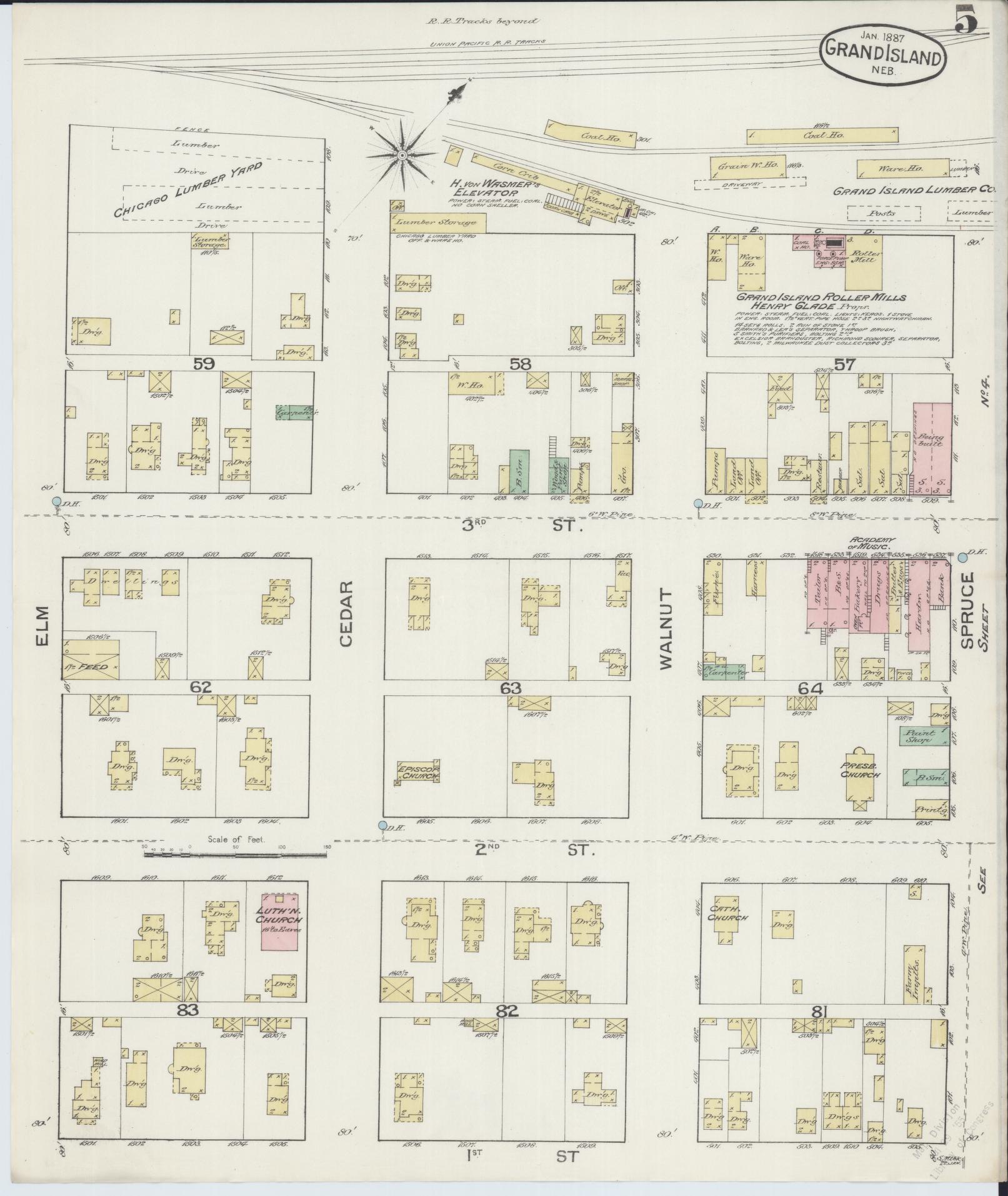 Sanborn Fire Insurance Map from Grand Island, Hall County, Nebraska (1887), Sheet #0005 - Complete Map Set gallery image, historic Sanborn map, vintage wall art, Nebraska Nebraska