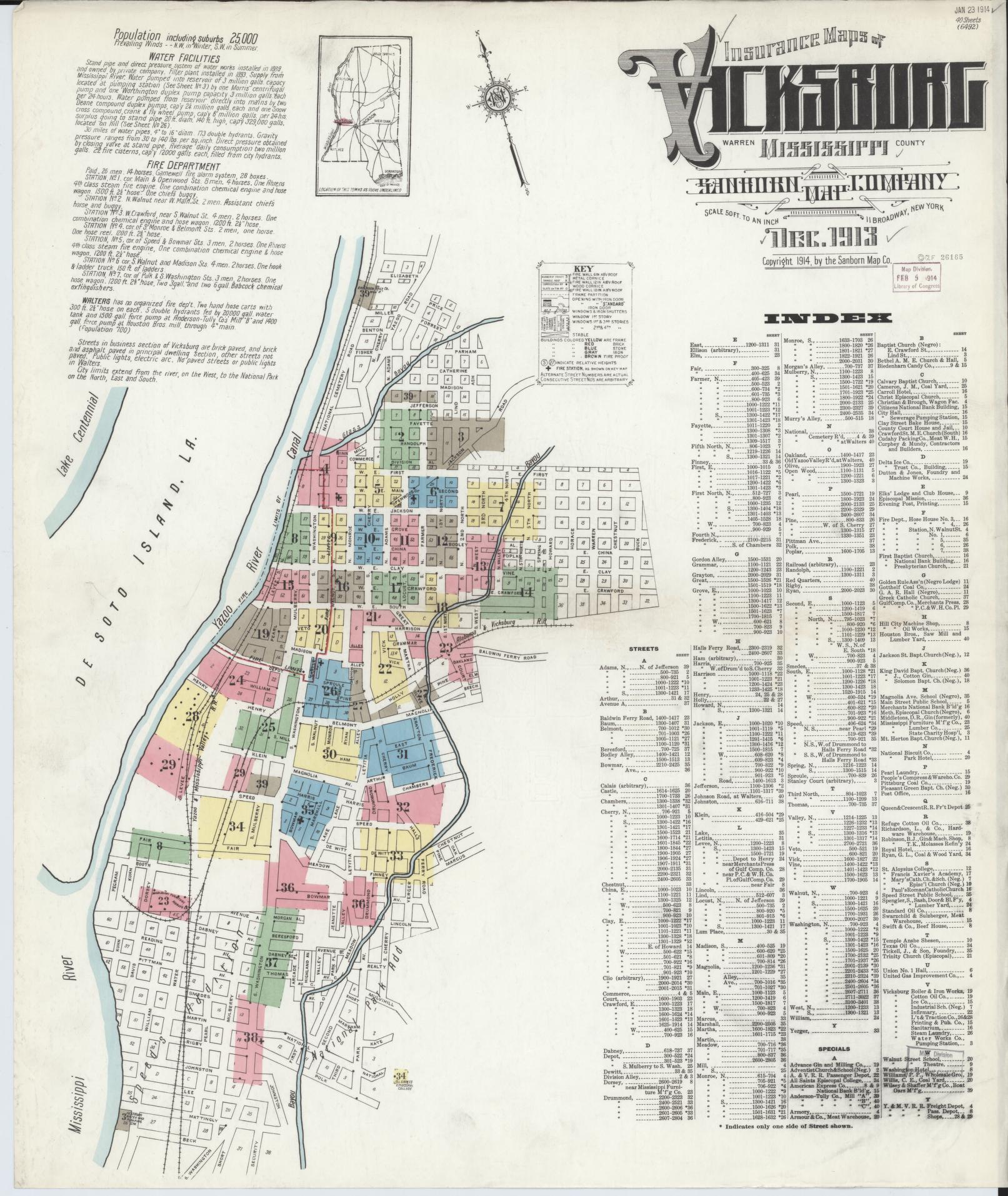 Sanborn Fire Insurance Map from Vicksburg, Warren County, Mississippi (1913), Sheet #0001 - Complete Map Set gallery image, historic Sanborn map, vintage wall art, Mississippi Mississippi