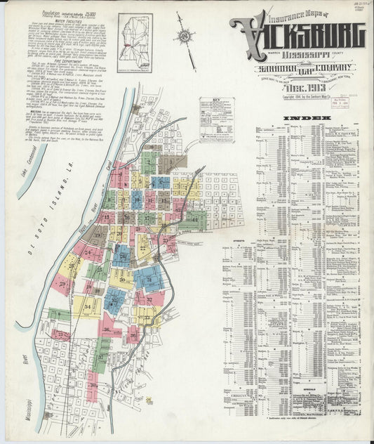 Sanborn Fire Insurance Map from Vicksburg, Warren County, Mississippi (1913), Sheet #0001 - Complete Map Set gallery image, historic Sanborn map, vintage wall art, Mississippi Mississippi
