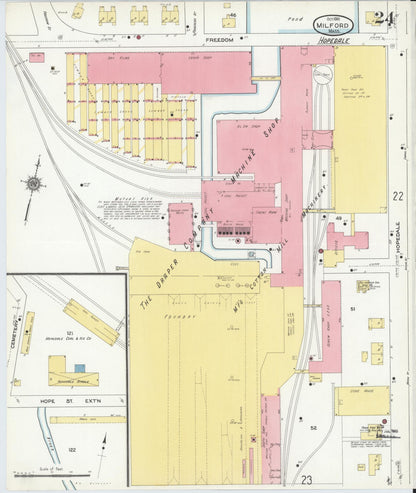 Sanborn Fire Insurance Map from Milford, Worcester County, Massachusetts (1910), Sheet #0024 - Historic Sanborn Fire Insurance Map Print, vintage old map wall art, antique decor, genealogy gift, Massachusetts Massachusetts map