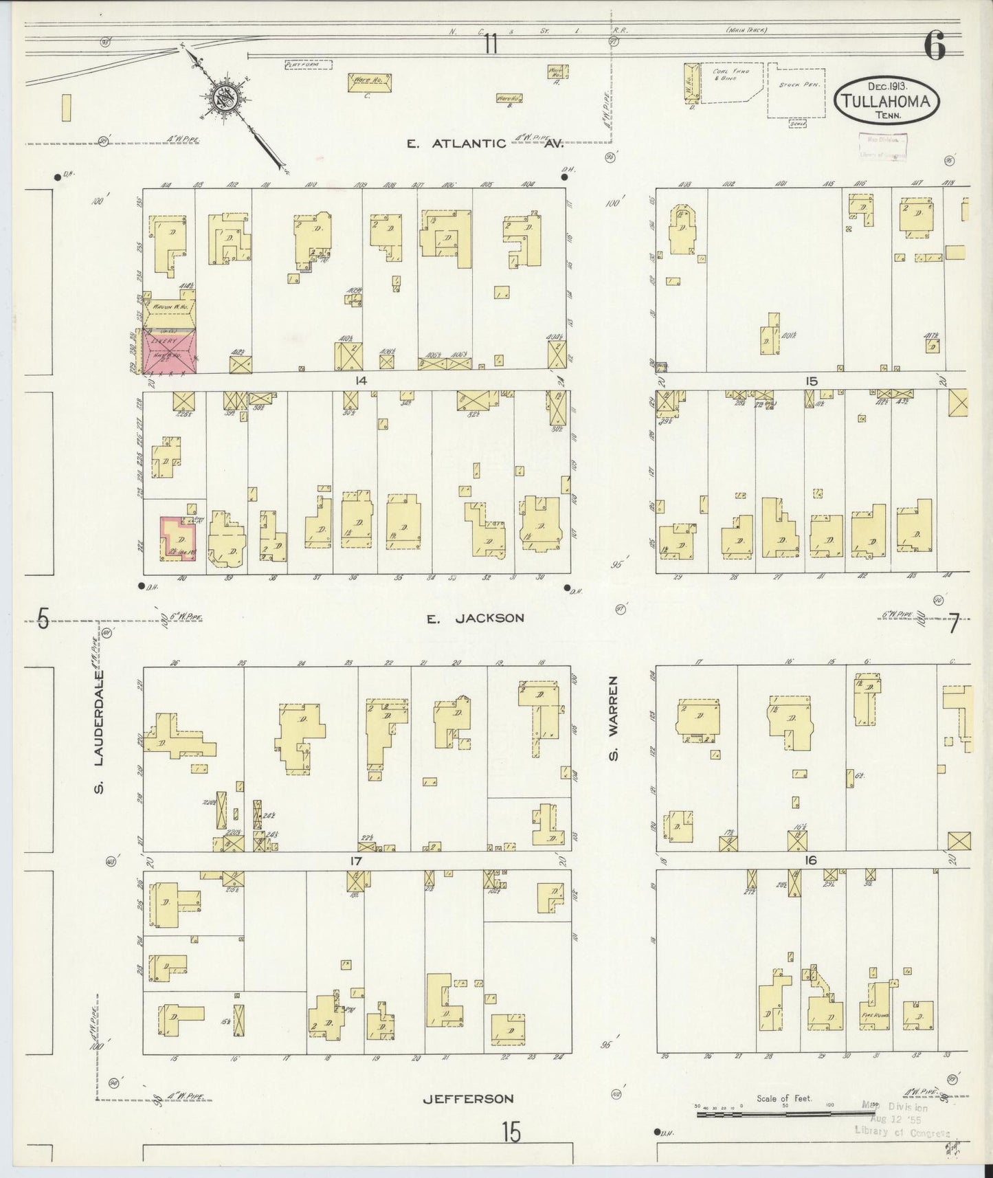 Sanborn Fire Insurance Map from Tullahoma, Coffee County, Tennessee (1913), Sheet #0006 - Complete Map Set gallery image, historic Sanborn map, vintage wall art, Tennessee Tennessee