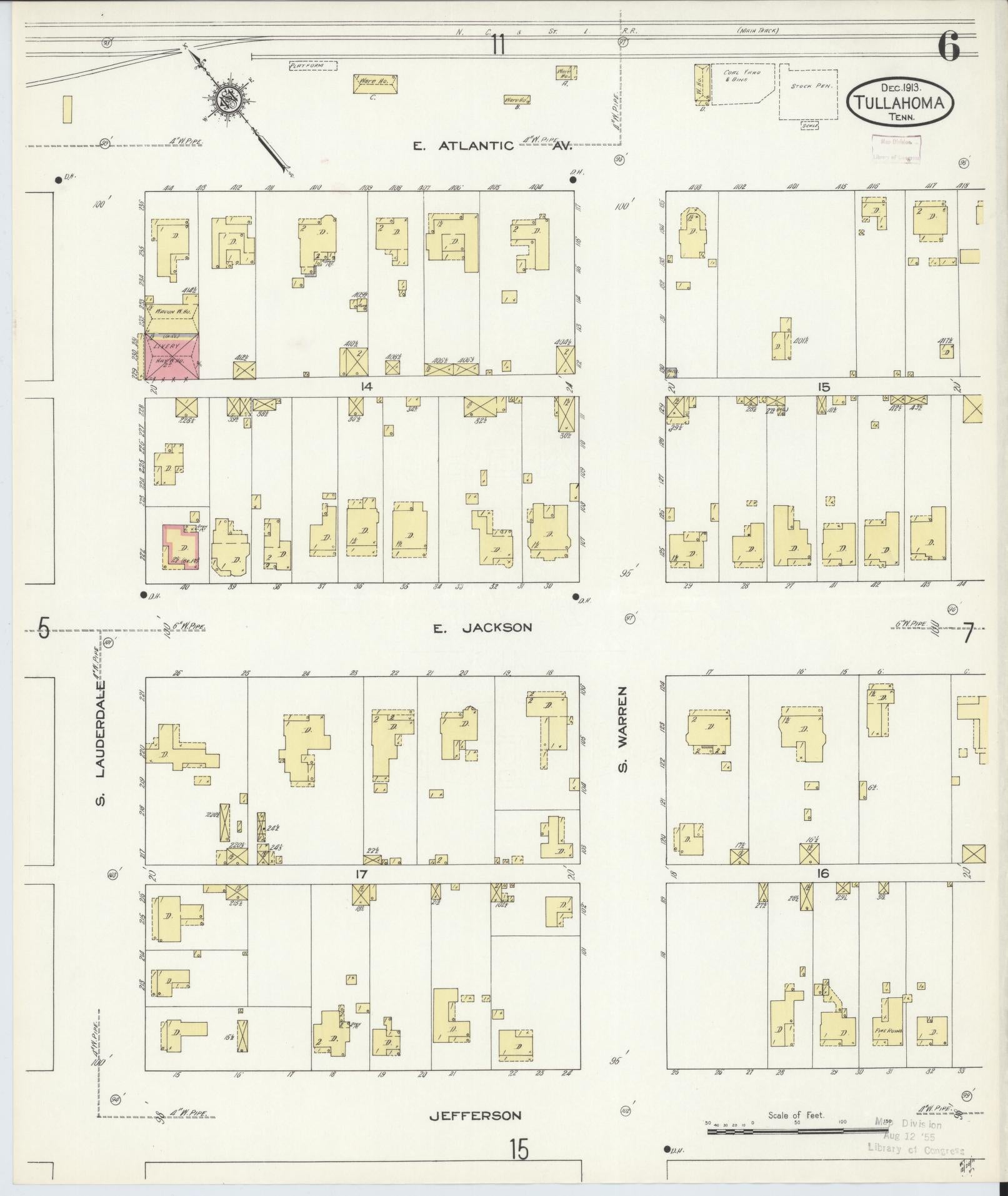 Sanborn Fire Insurance Map from Tullahoma, Coffee County, Tennessee (1913), Sheet #0006 - Complete Map Set gallery image, historic Sanborn map, vintage wall art, Tennessee Tennessee