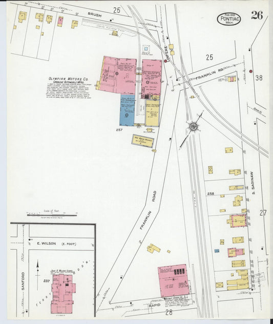 Sanborn Fire Insurance Map from Pontiac, Oakland County, Michigan (1919), Sheet #0026 - Historic Sanborn Fire Insurance Map Print, vintage old map wall art, antique decor, genealogy gift, Michigan Michigan map