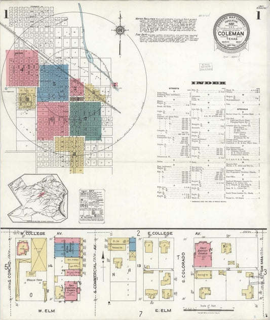 Sanborn Fire Insurance Map from Coleman, Coleman County, Texas (1923), Sheet #0001 - Historic Sanborn Fire Insurance Map Print, vintage old map wall art, antique decor, genealogy gift, Texas Texas map
