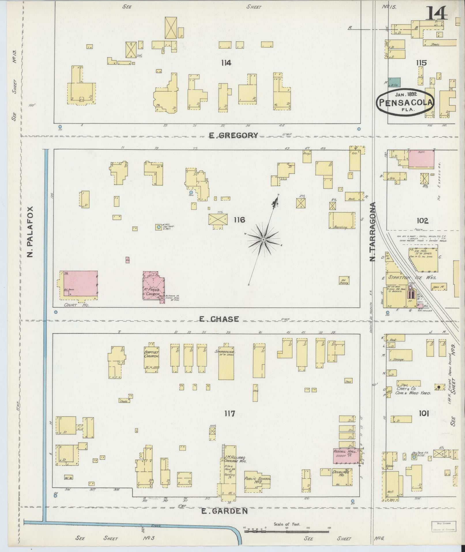 Sanborn Fire Insurance Map from Pensacola, Escambia County, Florida (1892), Sheet #0014 - Complete Map Set gallery image, historic Sanborn map, vintage wall art, Florida Florida