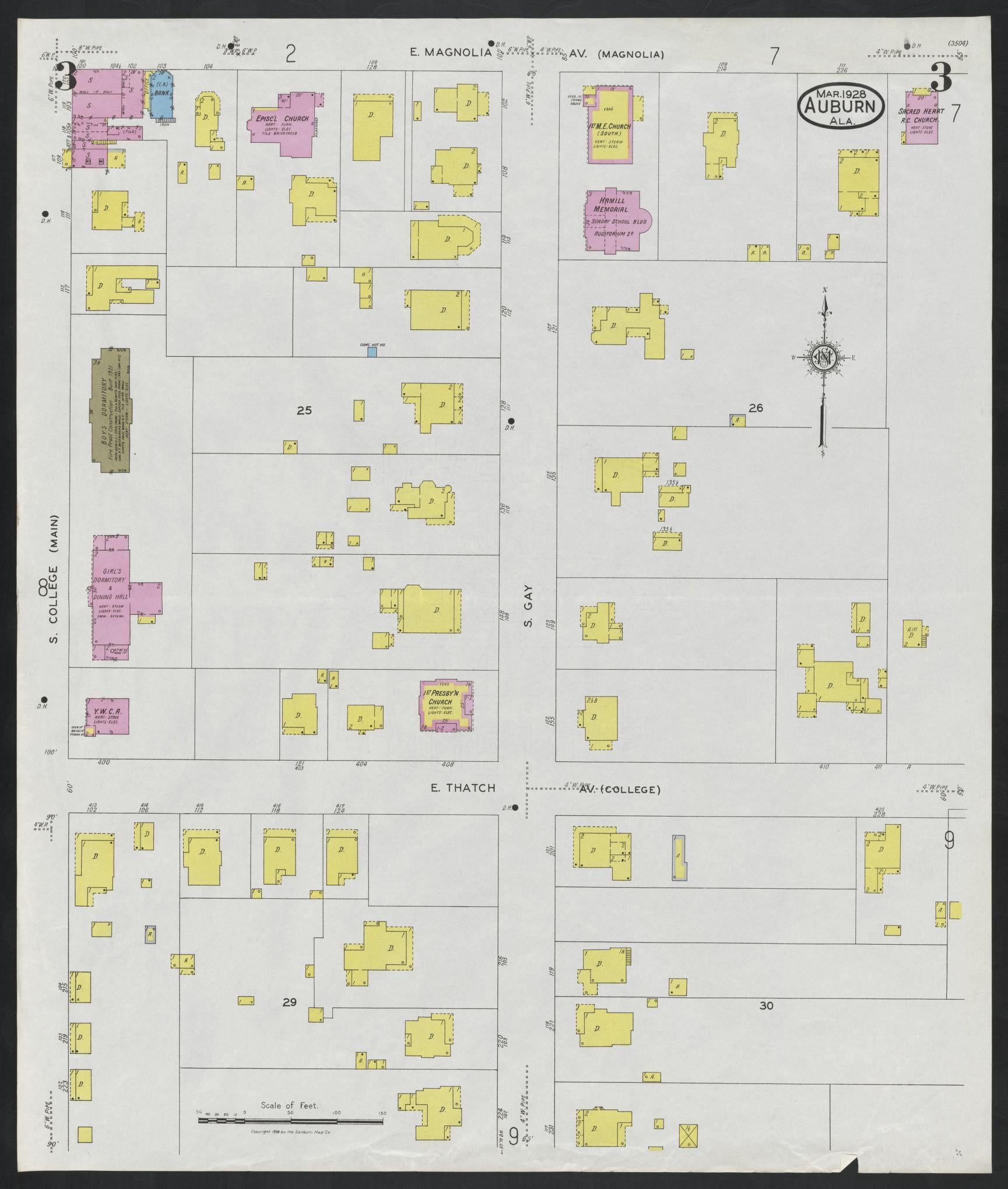 Sanborn Fire Insurance Map from Auburn, Lee County, Alabama (1928), Sheet #0003 - Complete Map Set gallery image, historic Sanborn map, vintage wall art, Alabama Alabama