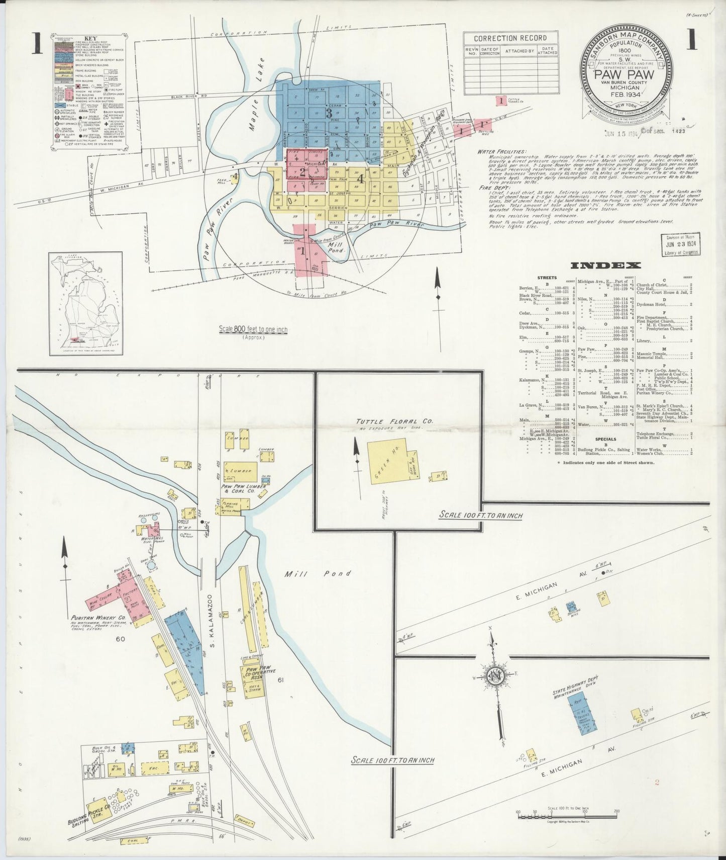 Sanborn Fire Insurance Map from Paw Paw, Van Buren County, Michigan (1934), Sheet #0001 - Complete Map Set gallery image, historic Sanborn map, vintage wall art, Michigan Michigan