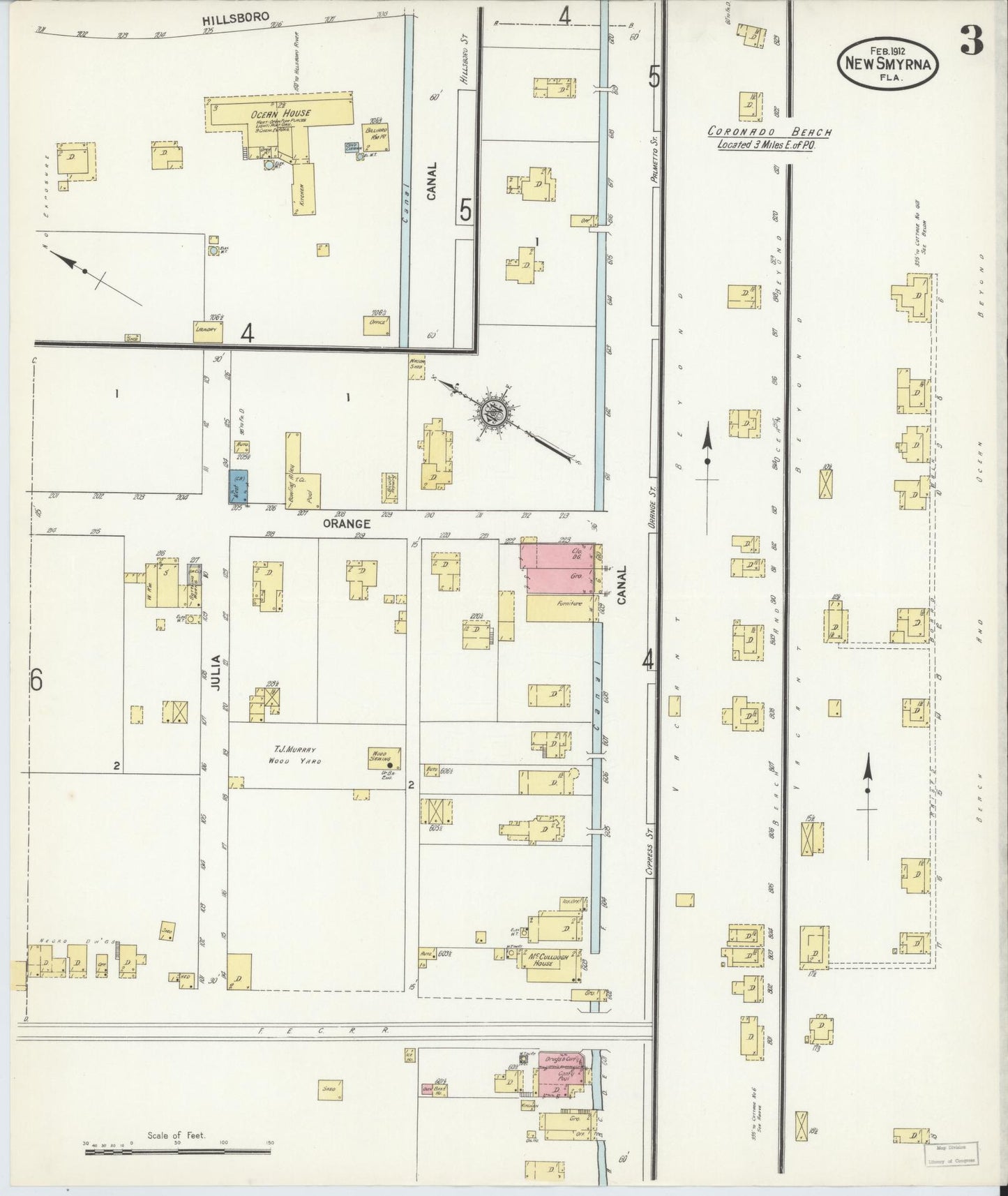 Sanborn Fire Insurance Map from New Smyrna, Valusia County, Florida (1912), Sheet #0003 - Historic Sanborn Fire Insurance Map Print, vintage old map wall art, antique decor, genealogy gift, Florida Florida map