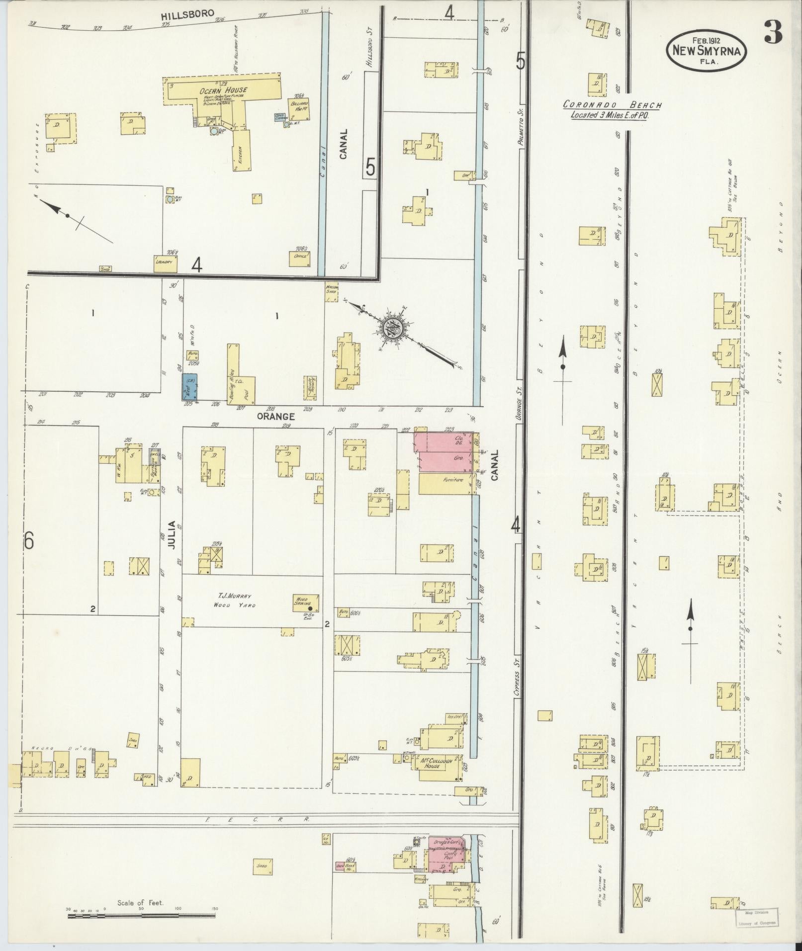 Sanborn Fire Insurance Map from New Smyrna, Valusia County, Florida (1912), Sheet #0003 - Historic Sanborn Fire Insurance Map Print, vintage old map wall art, antique decor, genealogy gift, Florida Florida map
