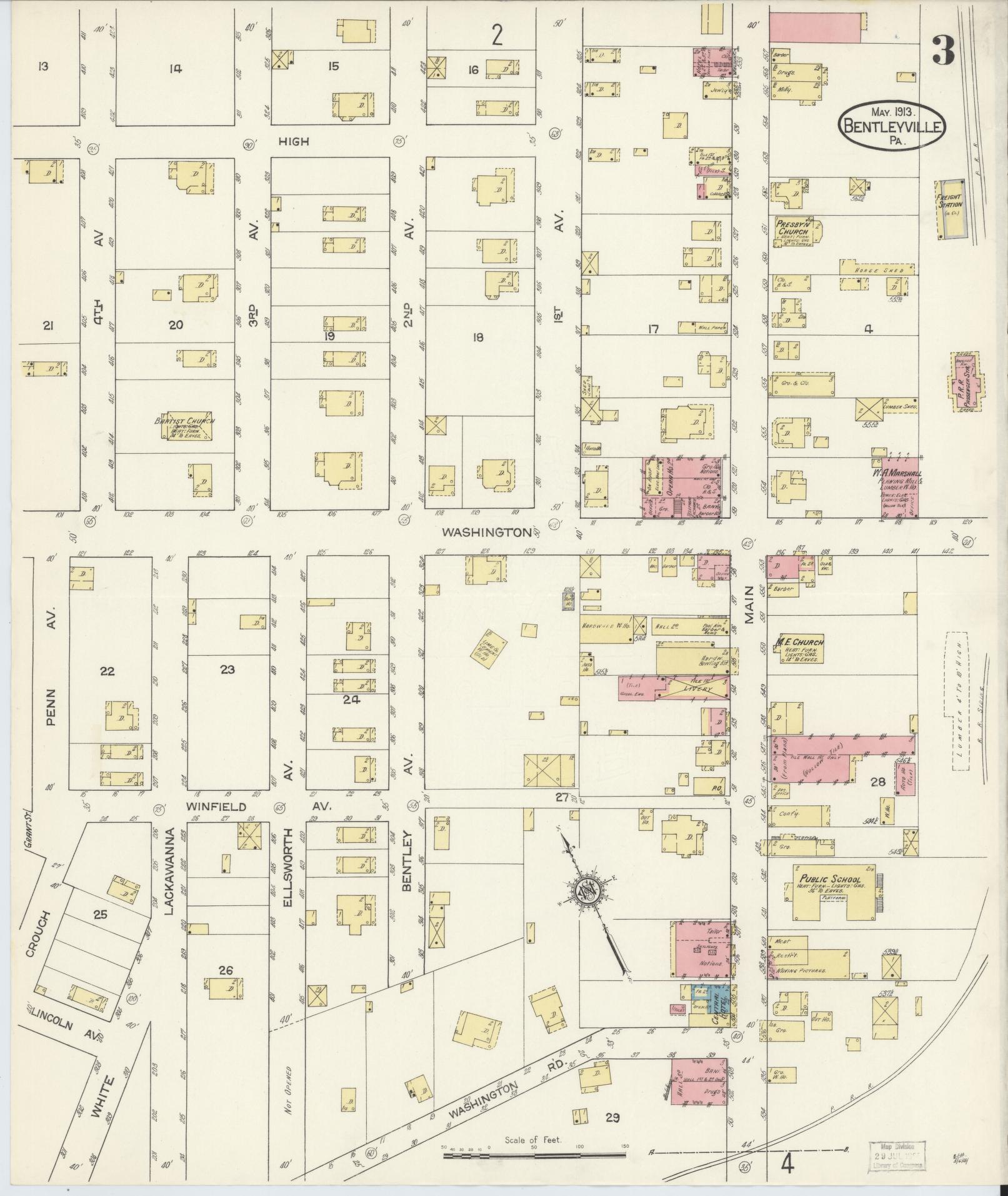Sanborn Fire Insurance Map from Bentleyville, Washington County, Pennsylvania (1913), Sheet #0003 - Historic Sanborn Fire Insurance Map Print, vintage old map wall art, antique decor, genealogy gift, Pennsylvania Pennsylvania map