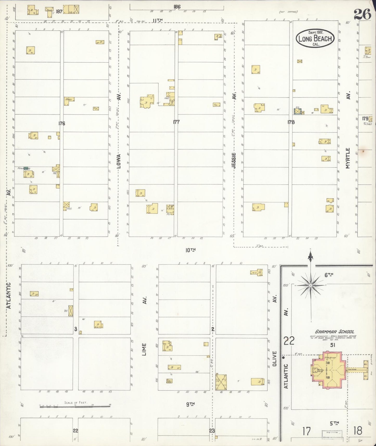 Sanborn Fire Insurance Map from Long Beach, Los Angeles County, California (1902), Sheet #0026 - Historic Sanborn Fire Insurance Map Print, vintage old map wall art, antique decor, genealogy gift, California California map