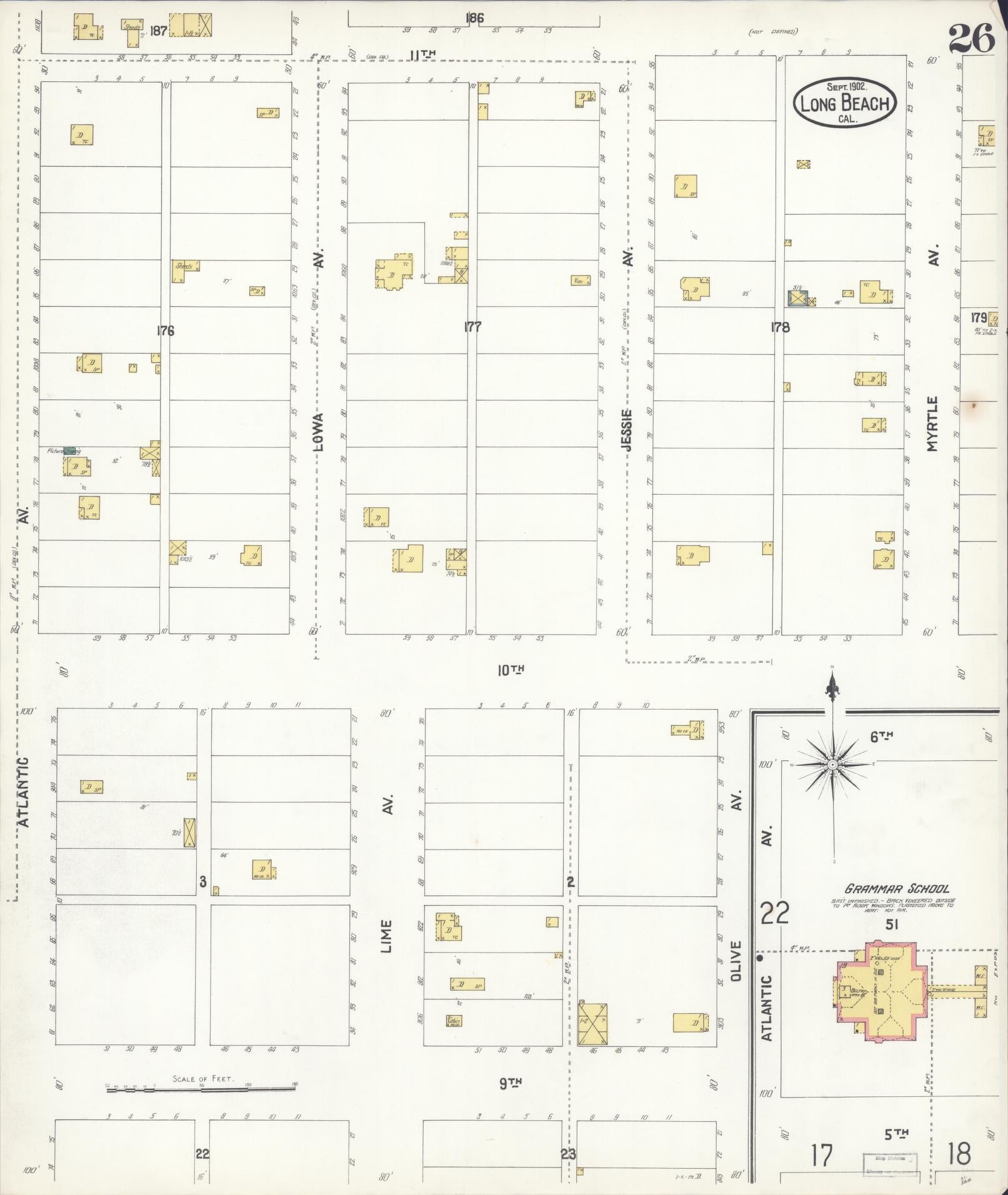 Sanborn Fire Insurance Map from Long Beach, Los Angeles County, California (1902), Sheet #0026 - Historic Sanborn Fire Insurance Map Print, vintage old map wall art, antique decor, genealogy gift, California California map