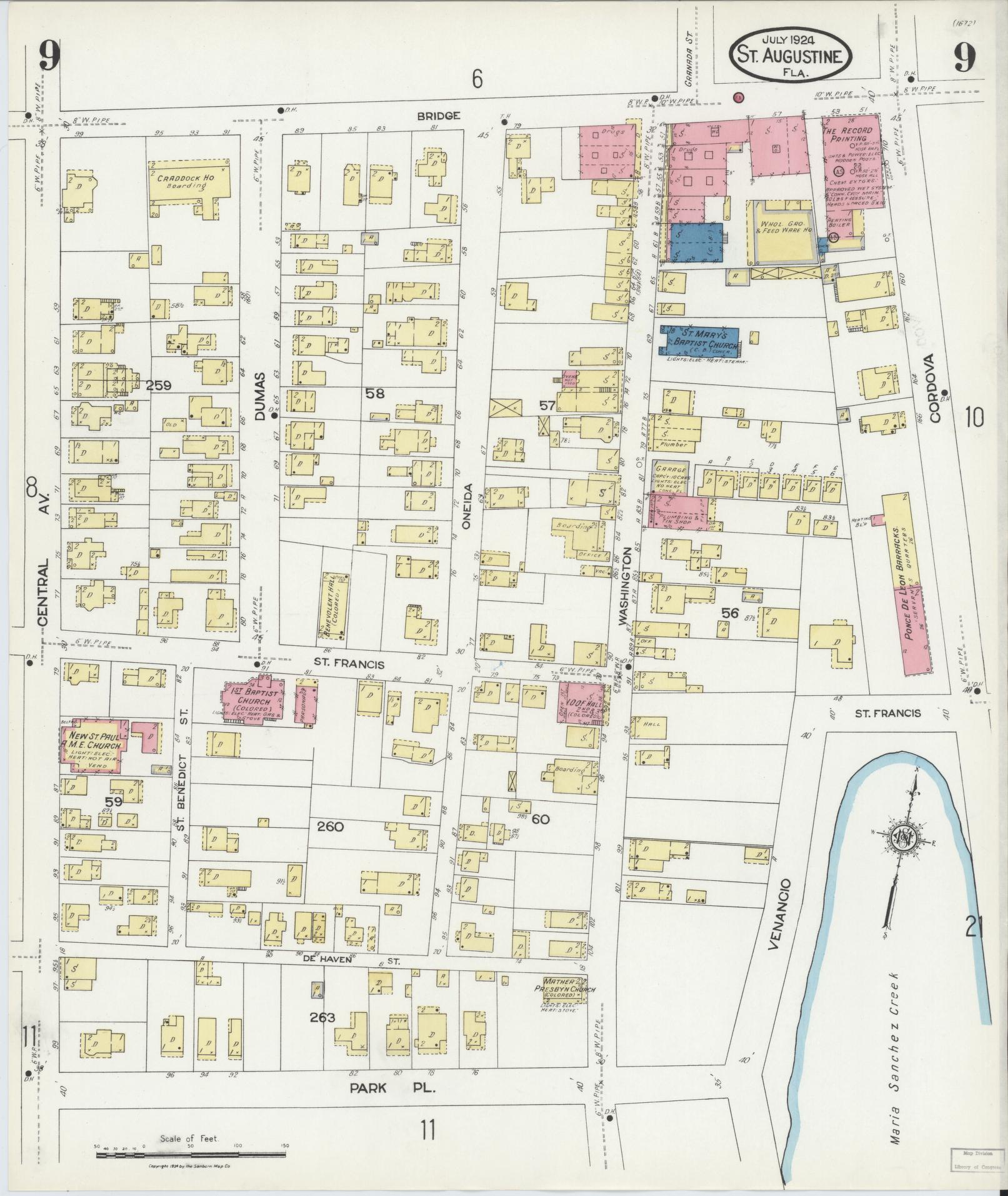 Sanborn Fire Insurance Map from Saint Augustine, Saint John's County, Florida (1924), Sheet #0009 - Historic Sanborn Fire Insurance Map Print, vintage old map wall art, antique decor, genealogy gift, Florida Florida map