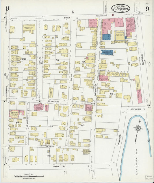 Sanborn Fire Insurance Map from Saint Augustine, Saint John's County, Florida (1924), Sheet #0009 - Historic Sanborn Fire Insurance Map Print, vintage old map wall art, antique decor, genealogy gift, Florida Florida map