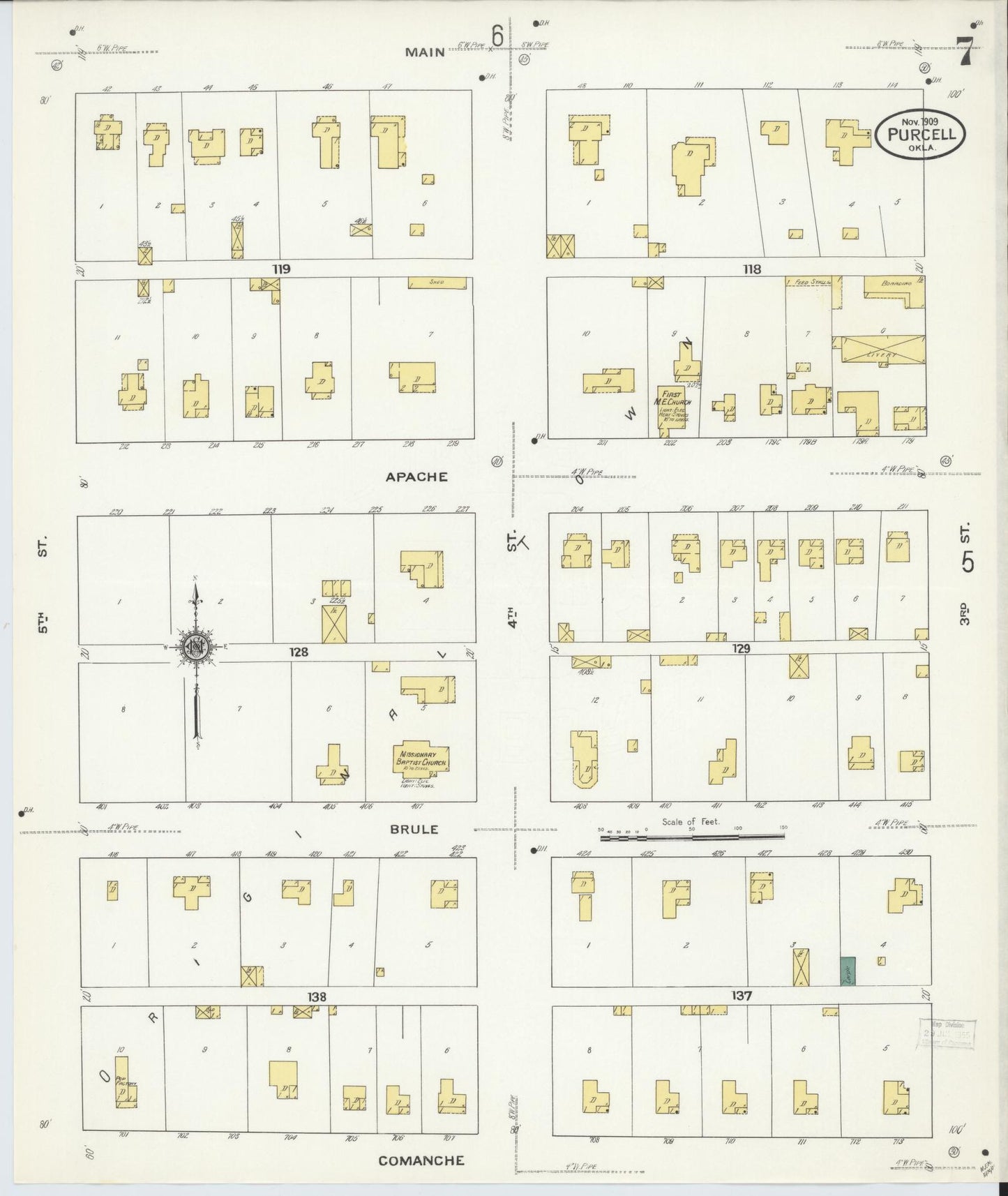 Sanborn Fire Insurance Map from Purcell, McClain County, Oklahoma (1909), Sheet #0007 - Historic Sanborn Fire Insurance Map Print, vintage old map wall art, antique decor, genealogy gift, Oklahoma Oklahoma map