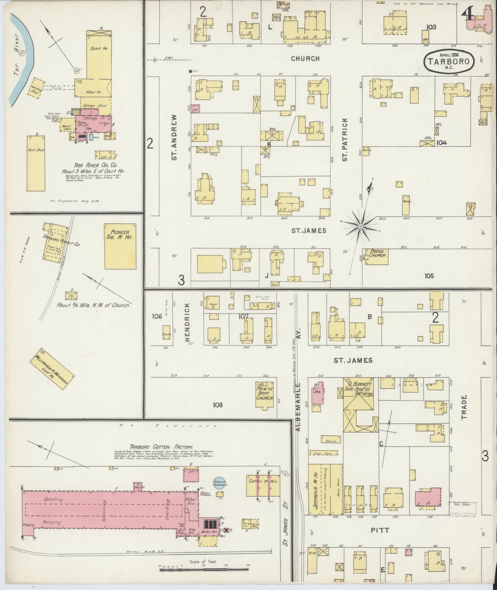 Sanborn Fire Insurance Map from Tarboro, Edgecombe County, North Carolina (1896), Sheet #0004 - Historic Sanborn Fire Insurance Map Print, vintage old map wall art, antique decor, genealogy gift, North Carolina North Carolina map