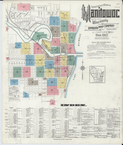 Sanborn Fire Insurance Map from Manitowoc, Manitowoc County, Wisconsin (1912), Sheet #0001 - Complete Map Set gallery image, historic Sanborn map, vintage wall art, Wisconsin Wisconsin