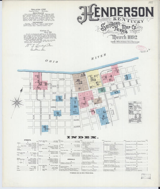 Sanborn Fire Insurance Map from Henderson, Henderson County, Kentucky (1892), Sheet #0001 - Historic Sanborn Fire Insurance Map Print, vintage old map wall art, antique decor, genealogy gift, Kentucky Kentucky map