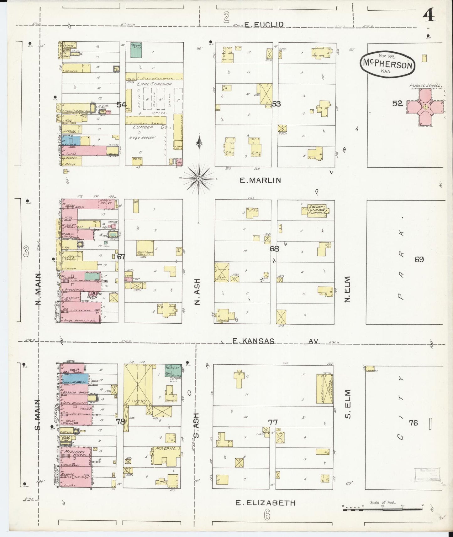 Sanborn Fire Insurance Map from Mcpherson, Mcpherson County, Kansas (1892), Sheet #0004 - Complete Map Set gallery image, historic Sanborn map, vintage wall art, Kansas Kansas