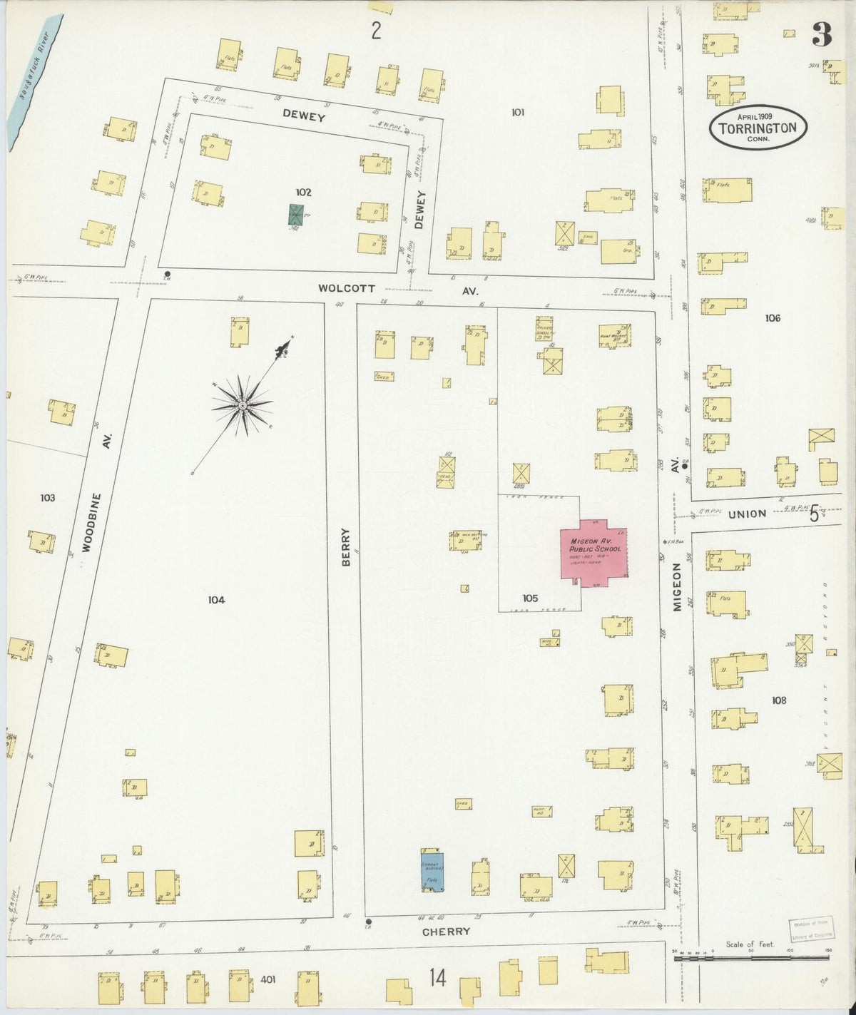 Sanborn Fire Insurance Map from Torrington, Litchfield County, Connecticut (1909), Sheet #0003 - Historic Sanborn Fire Insurance Map Print, vintage old map wall art, antique decor, genealogy gift, Connecticut Connecticut map