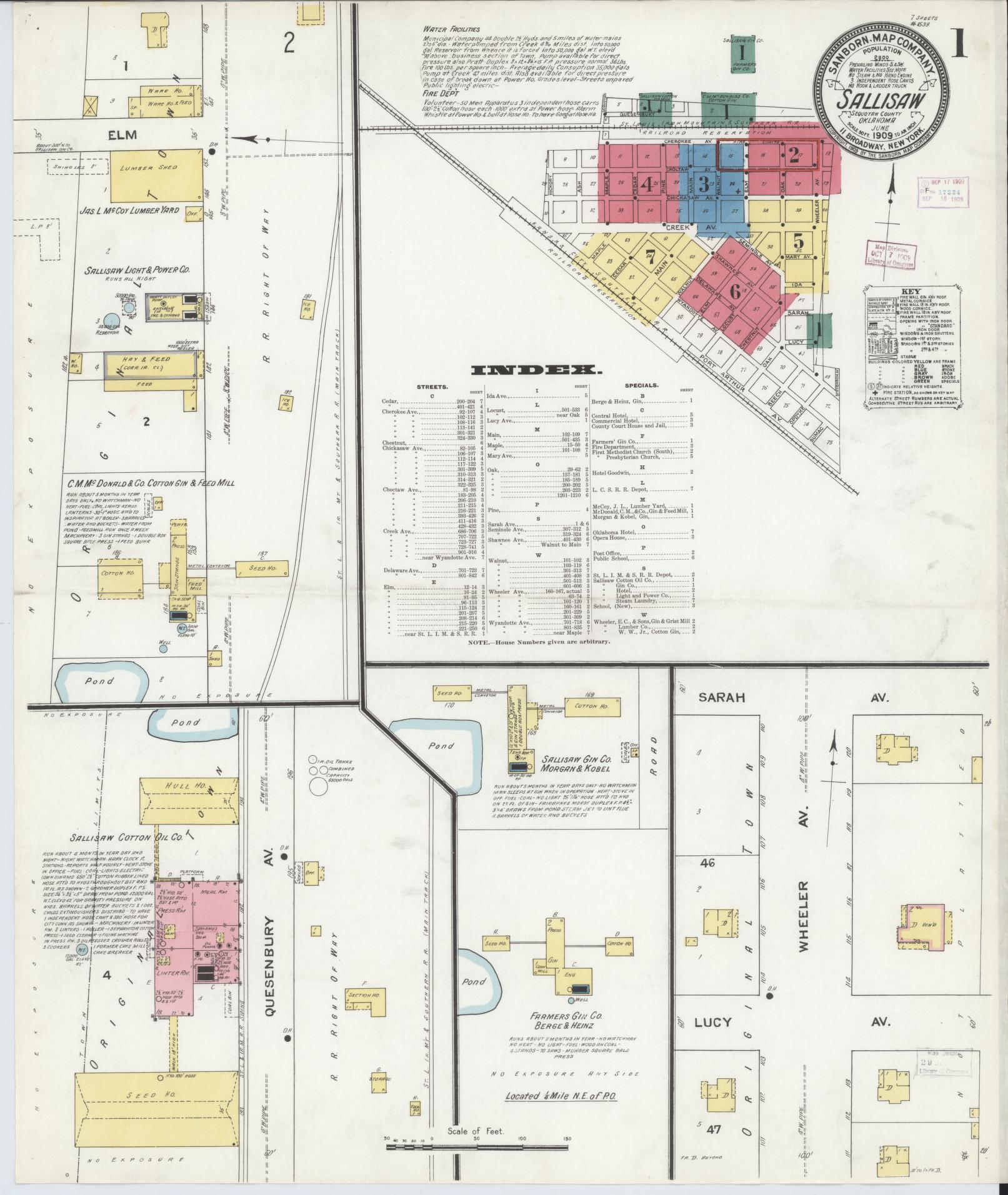 Sanborn Fire Insurance Map from Sallisaw, Sequoyah County, Oklahoma (1909), Sheet #0001 - Complete Map Set gallery image, historic Sanborn map, vintage wall art, Oklahoma Oklahoma
