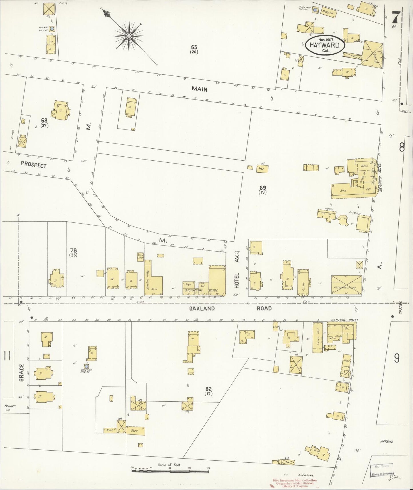 Sanborn Fire Insurance Map from Hayward, Alameda County, California (1907), Sheet #0007 - Historic Sanborn Fire Insurance Map Print, vintage old map wall art, antique decor, genealogy gift, California California map