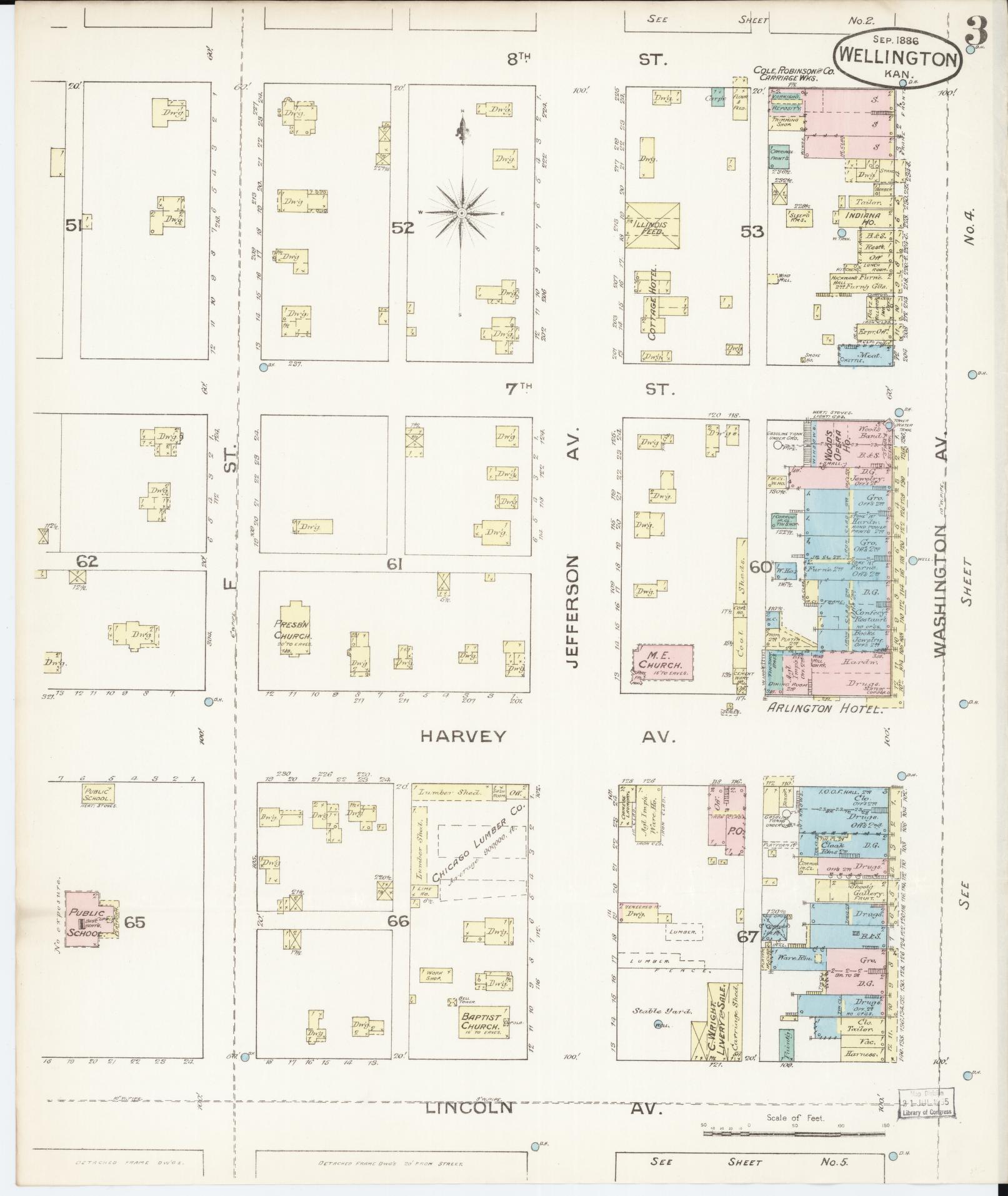 Sanborn Fire Insurance Map from Wellington, Sumner County, Kansas (1886), Sheet #0003 - Complete Map Set gallery image, historic Sanborn map, vintage wall art, Kansas Kansas