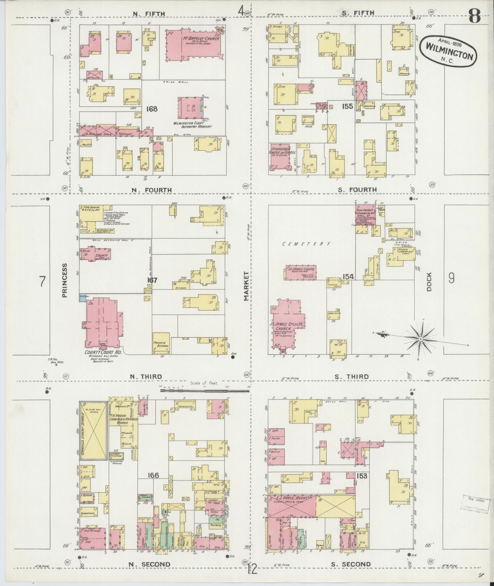 Sanborn Fire Insurance Map from Wilmington, New Hanover County, North Carolina (1898), Sheet #0008 - Complete Map Set gallery image, historic Sanborn map, vintage wall art, North Carolina North Carolina