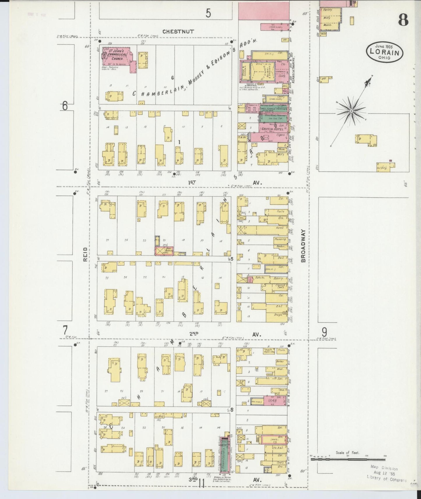 Sanborn Fire Insurance Map from Lorain, Lorain County, Ohio (1905), Sheet #0008 - Historic Sanborn Fire Insurance Map Print, vintage old map wall art, antique decor, genealogy gift, Ohio Ohio map