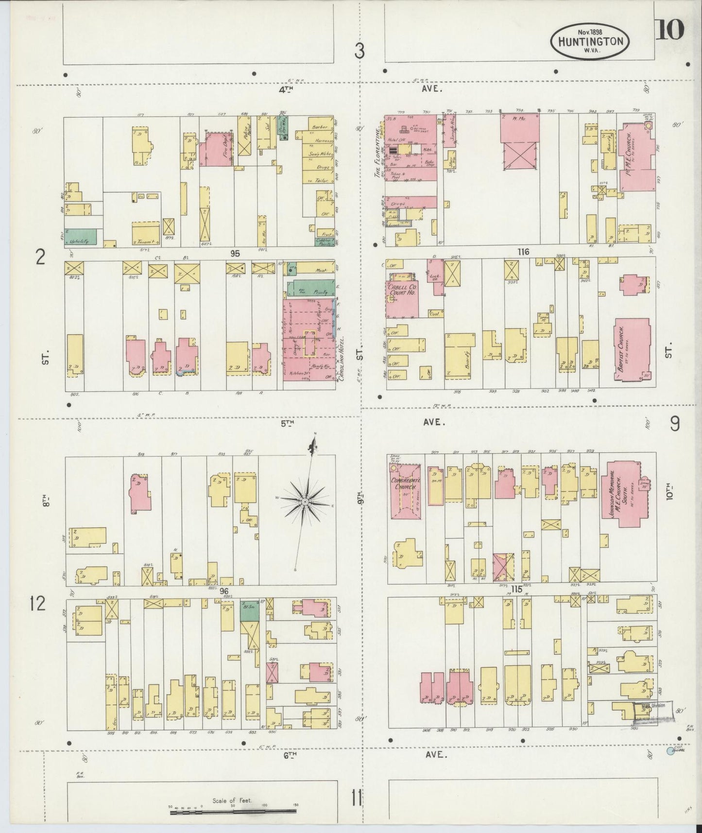 Sanborn Fire Insurance Map from Huntington, Cabell County, West Virginia (1898), Sheet #0010 - Historic Sanborn Fire Insurance Map Print, vintage old map wall art, antique decor, genealogy gift, West Virginia West Virginia map