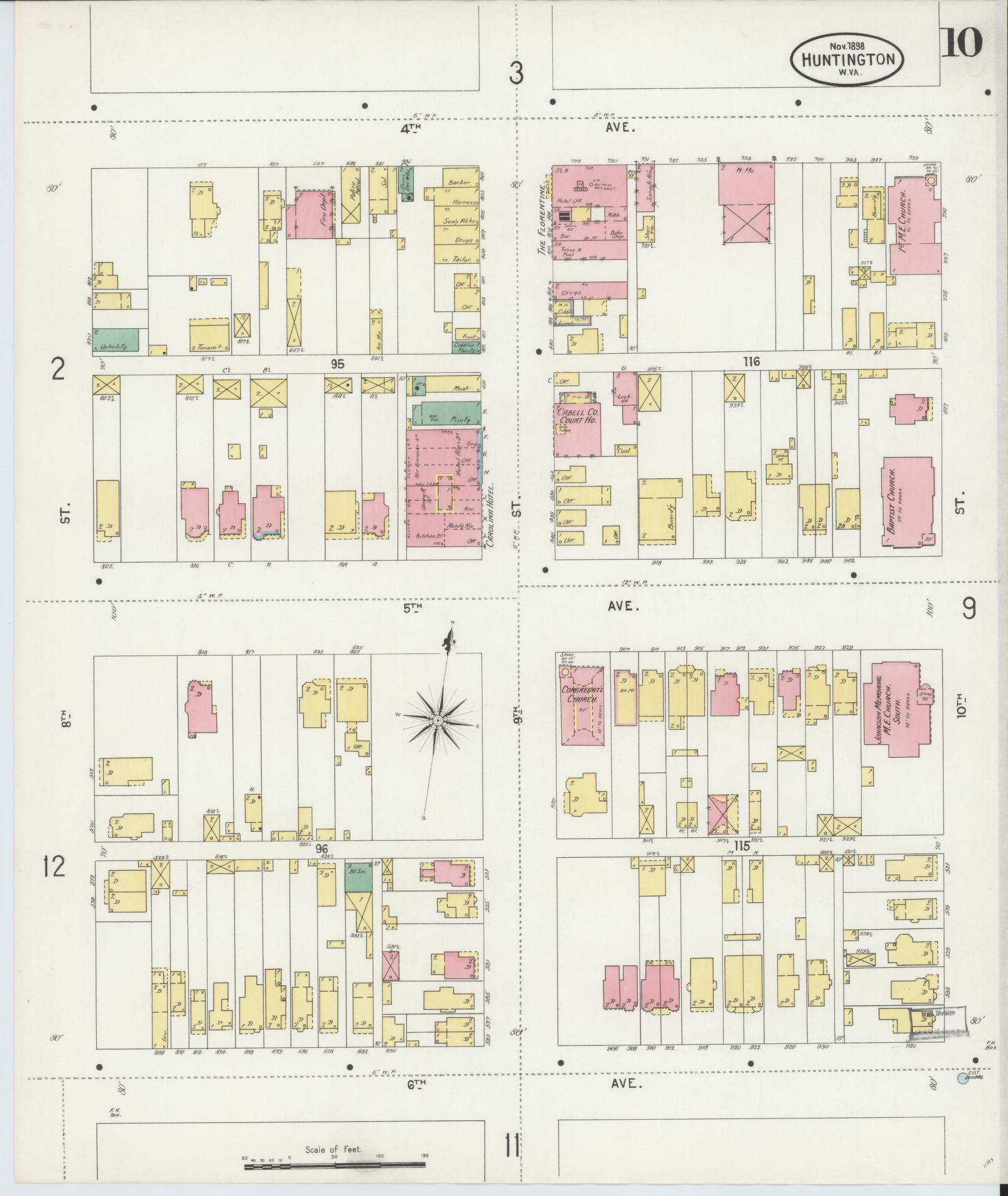 Sanborn Fire Insurance Map from Huntington, Cabell County, West Virginia (1898), Sheet #0010 - Historic Sanborn Fire Insurance Map Print, vintage old map wall art, antique decor, genealogy gift, West Virginia West Virginia map