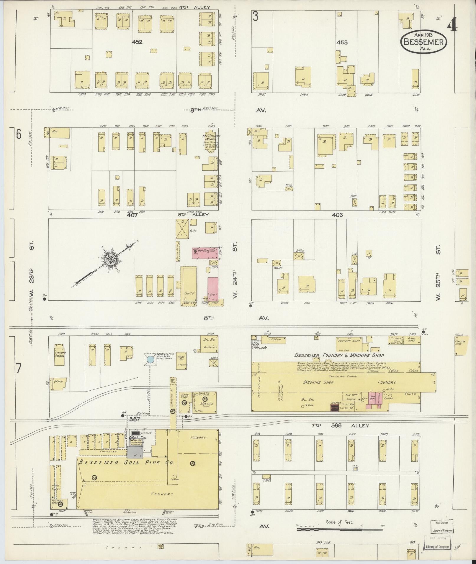 Sanborn Fire Insurance Map from Bessemer, Jefferson County, Alabama (1913), Sheet #0004 - Historic Sanborn Fire Insurance Map Print, vintage old map wall art, antique decor, genealogy gift, Alabama Alabama map