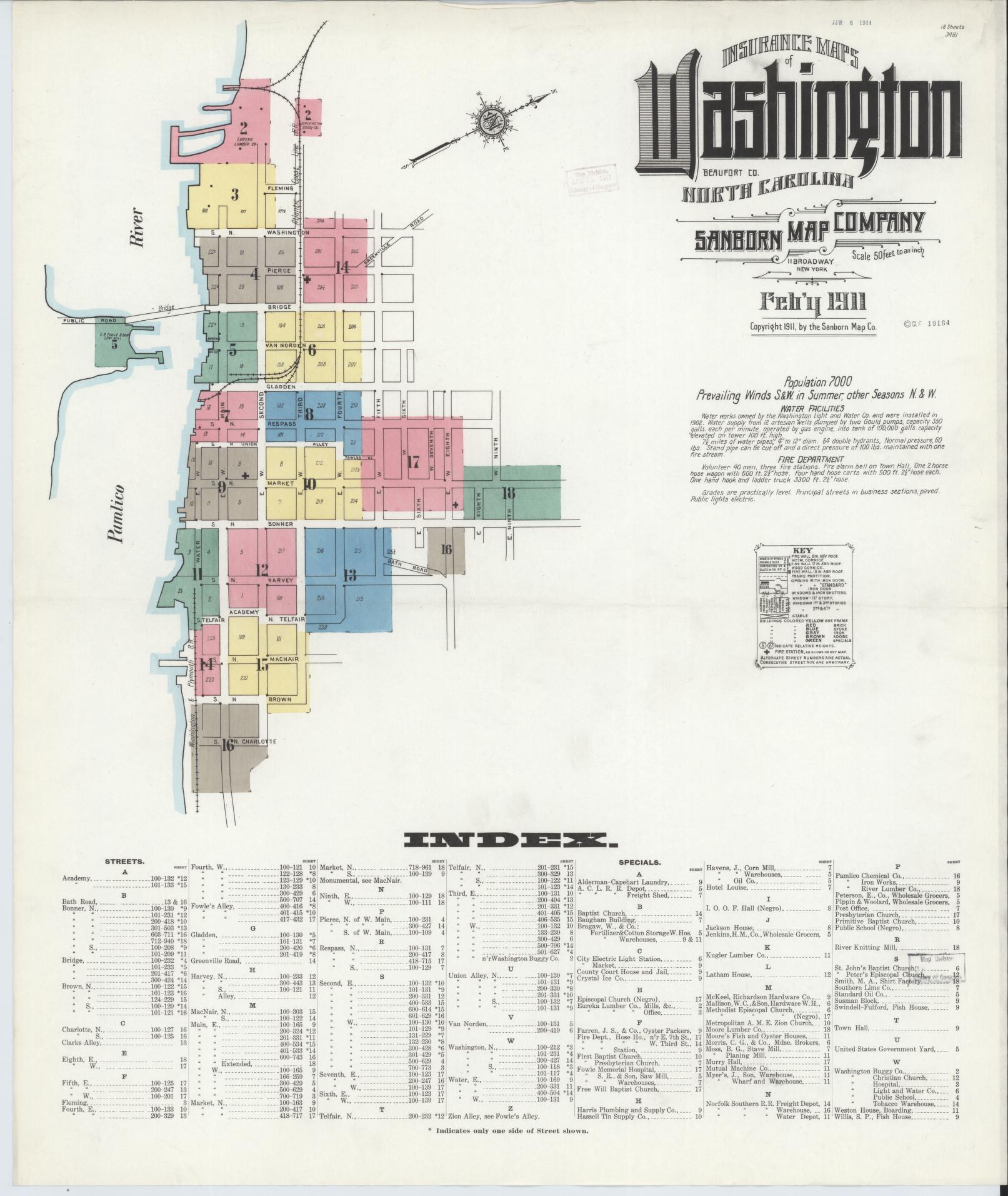Sanborn Fire Insurance Map from Washington, Beaufort County, North Carolina (1911), Sheet #0001 - Complete Map Set gallery image, historic Sanborn map, vintage wall art, North Carolina North Carolina