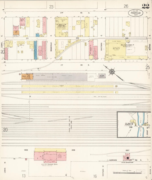 Sanborn Fire Insurance Map from Pocatello, Bannock County, Idaho (1915), Sheet #0022 - Historic Sanborn Fire Insurance Map Print, vintage old map wall art, antique decor, genealogy gift, Idaho Idaho map