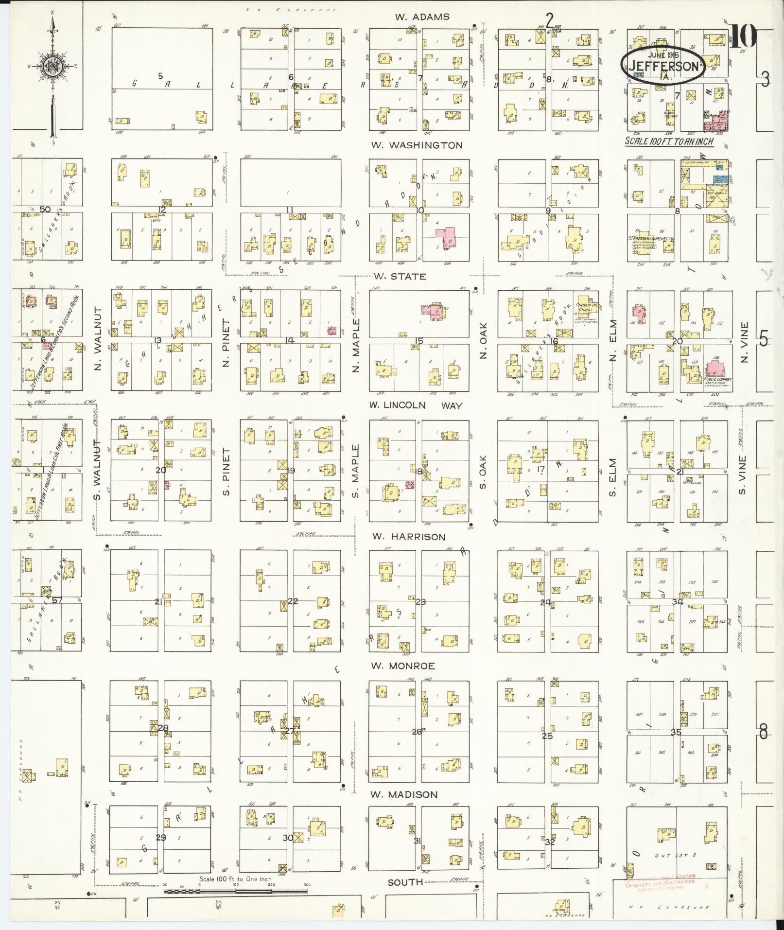 Sanborn Fire Insurance Map from Jefferson, Greene County, Iowa (1915), Sheet #0010 - Historic Sanborn Fire Insurance Map Print, vintage old map wall art