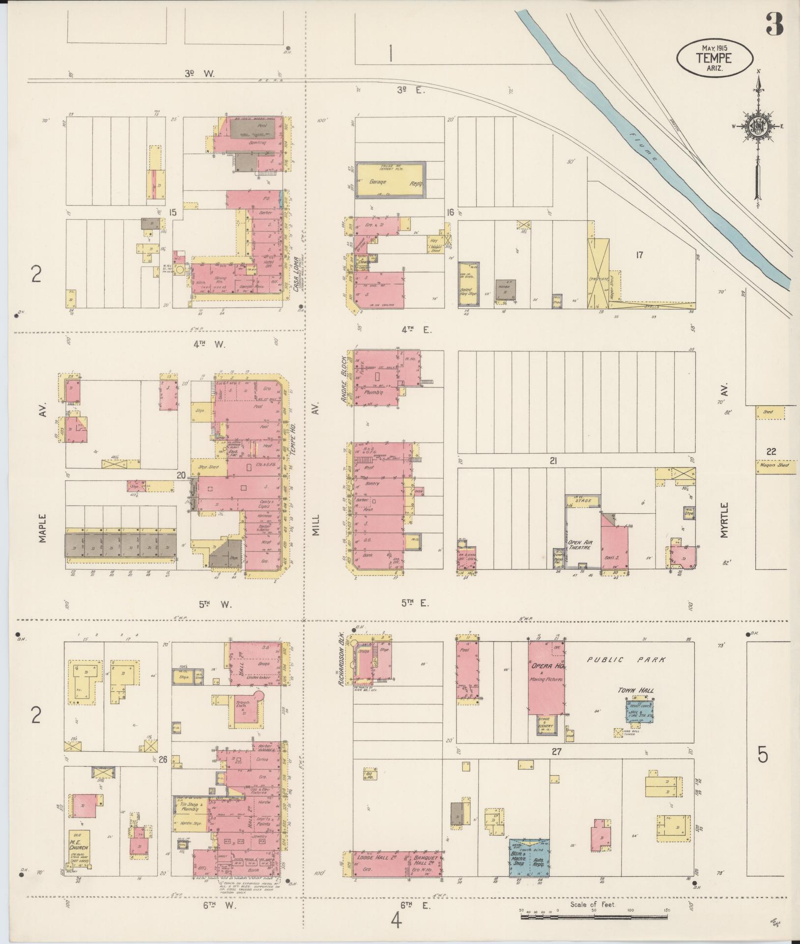 Sanborn Fire Insurance Map from Tempe, Maricopa County, Arizona (1915), Sheet #0003 - Historic Sanborn Fire Insurance Map Print, vintage old map wall art, antique decor, genealogy gift, Arizona Arizona map