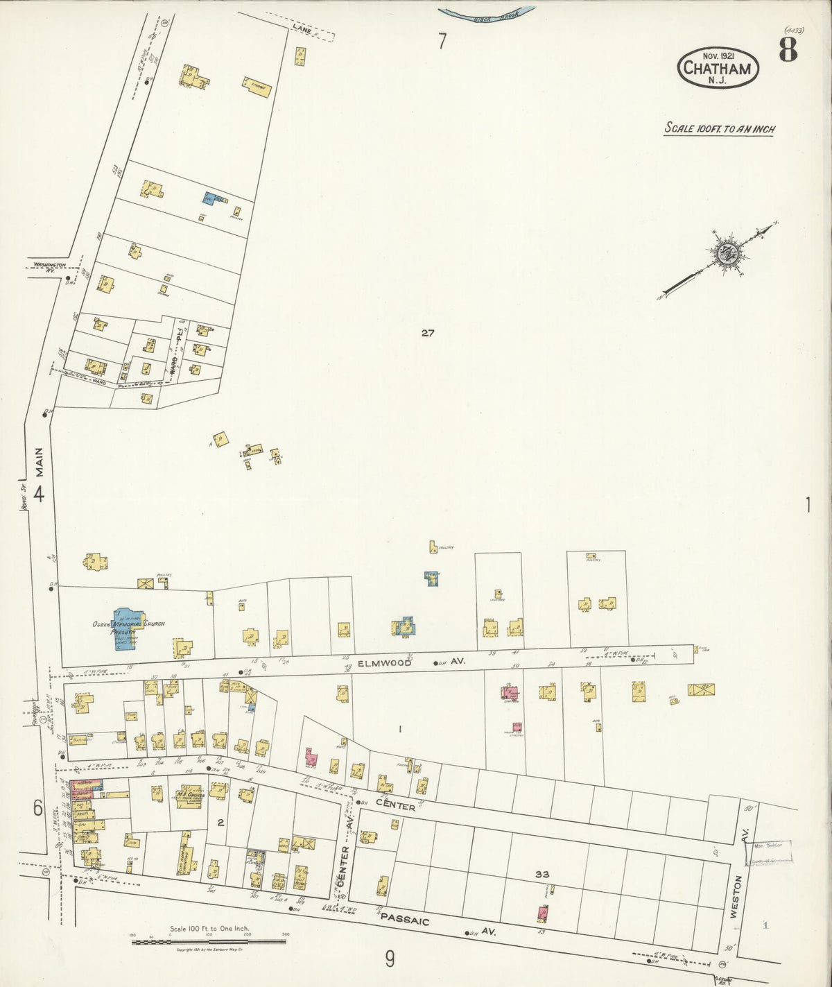 Sanborn Fire Insurance Map from Chatham, Morris County, New Jersey (1921), Sheet #0008 - Historic Sanborn Fire Insurance Map Print, vintage old map wall art, antique decor, genealogy gift, New Jersey New Jersey map