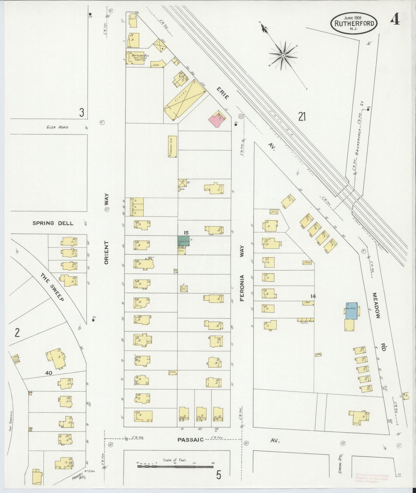 Sanborn Fire Insurance Map from Rutherford, Bergen County, New Jersey (1909), Sheet #0004 - Historic Sanborn Fire Insurance Map Print, vintage old map wall art, antique decor, genealogy gift, New Jersey New Jersey map
