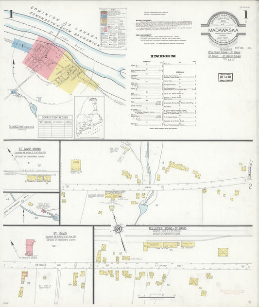 Sanborn Fire Insurance Map from Madawaska, Aroostook County, Maine (1937), Sheet #0001 - Historic Sanborn Fire Insurance Map Print, vintage old map wall art, antique decor, genealogy gift, Maine Maine map